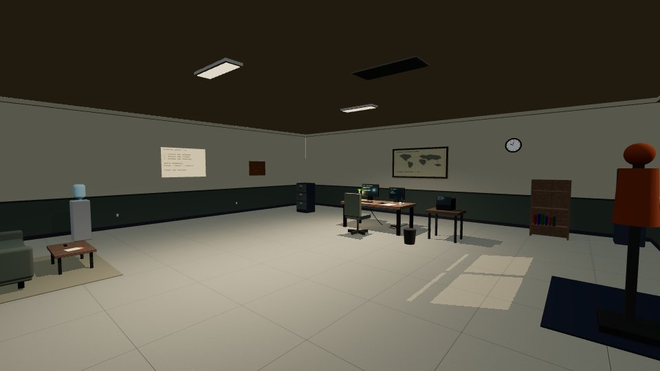 A training room with a desk, seating, and a practice mannequin.
