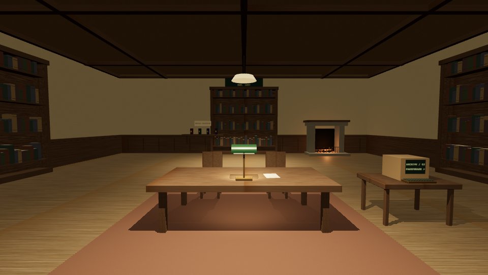 A wood-lined library with bookshelves and reading desks.