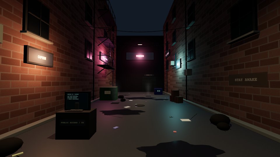 A narrow city alley lit by colorful neon signs.