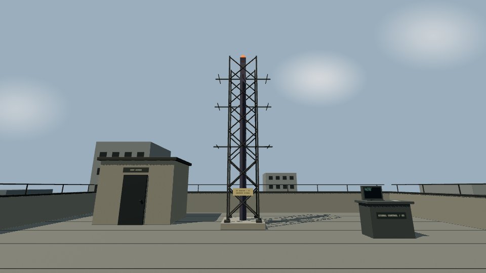 A rooftop radio antenna overlooking the city.