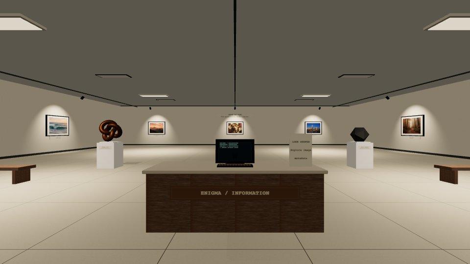 An art gallery with framed photographs and sculptures.
