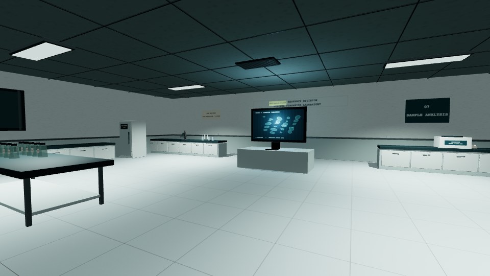 A research laboratory with workstations and scientific equipment.
